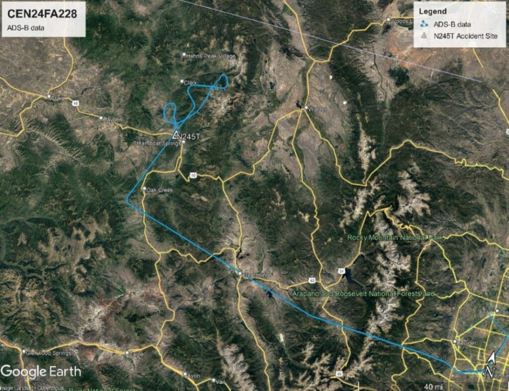 Satellite map showing the ADS-B flight track of Cessna 421C N245T on June 17, 2024, with the accident site marked near Steamboat Springs, Colorado. The track includes diversions and circling before the crash.